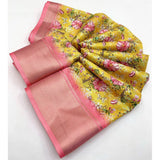 Yellow cotton silk floral printed saree with unstitched blouse (5.5Mtr)
