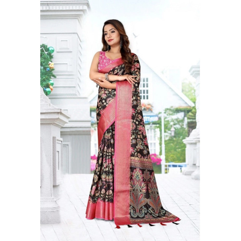 Multicolor floral printed cotton silk saree with unstitched blouse (5.5Mtr), stylish women's wear on hanger