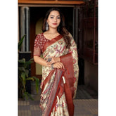 Gold-Brown cotton silk floral printed saree with unstitched blouse (5.5mtr)