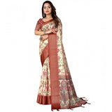Gold-brown cotton silk floral printed saree with unstitched blouse (5.5Mtr), women's traditional Indian wear on mannequin