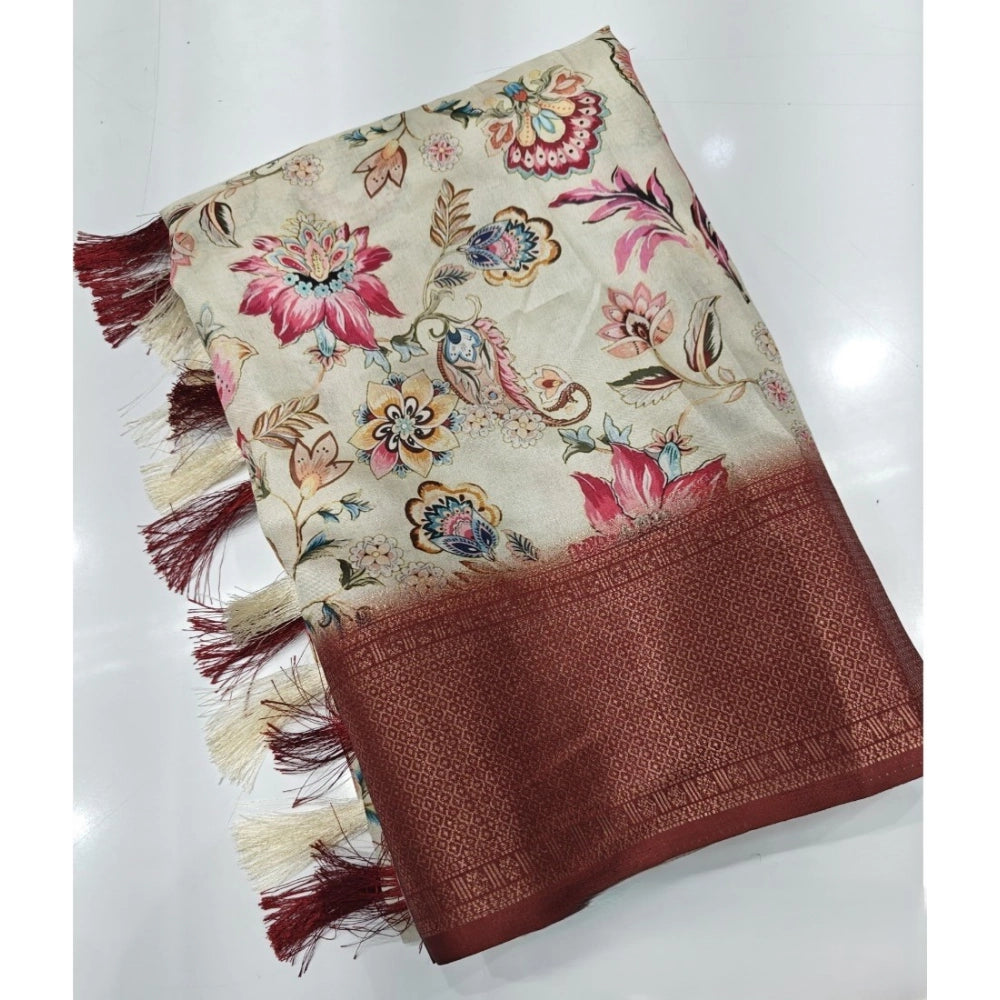 Gold-brown cotton silk floral printed saree with unstitched blouse (5.5mtr). Close-up shows intricate floral design