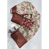 Gold-brown cotton silk floral printed saree with unstitched blouse (5.5Mtr), traditional Indian women's wear