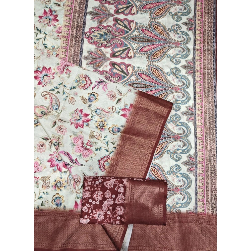 Gold-brown cotton silk floral printed saree with unstitched blouse (5.5Mtr) on a mannequin