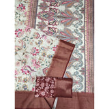 Gold-brown cotton silk floral printed saree with unstitched blouse (5.5Mtr) on a mannequin