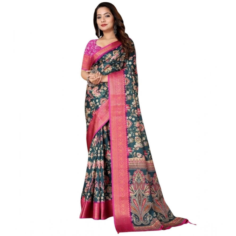 Green-pink cotton silk floral printed saree with unstitched blouse, vibrant Indian fashion accessory