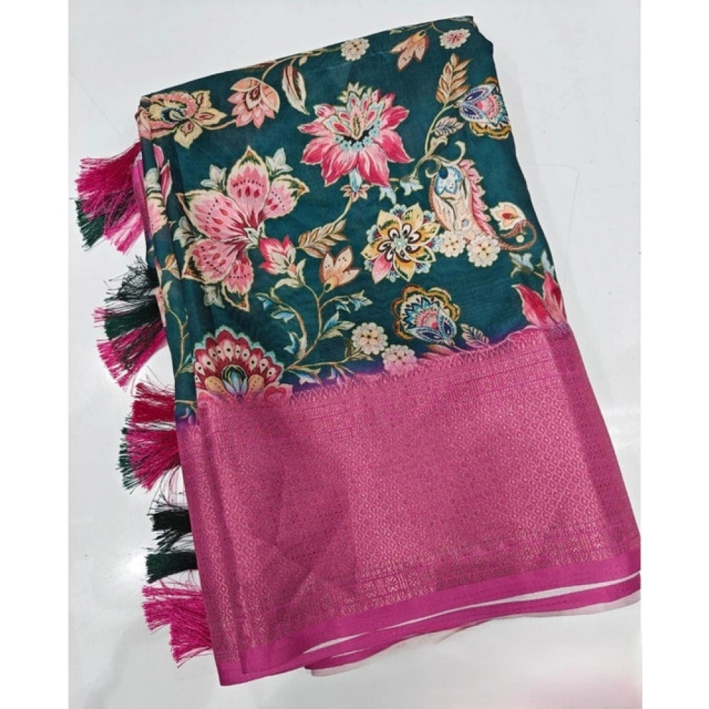 Green-Pink cotton silk floral printed saree with unstitched blouse, vibrant and elegant Indian women's wear on mannequin
