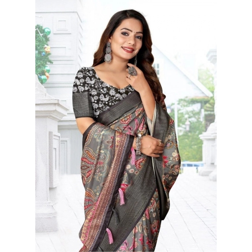 Grey-black cotton silk floral printed saree with unstitched blouse (5.5Mtr) - traditional Indian women's fashion accessory