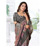 Grey-black cotton silk floral printed saree with unstitched blouse (5.5Mtr) - traditional Indian women's fashion accessory