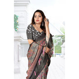 Grey-black floral printed cotton silk saree with unstitched blouse (5.5Mtr), traditional Indian fashion wear