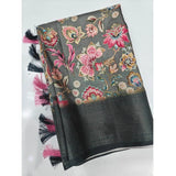 Grey-black cotton silk floral printed saree with unstitched blouse, vibrant blooms on 5.5mtr fabric