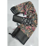Grey-black cotton silk floral printed saree with unstitched blouse, vibrant floral design on flowing fabric