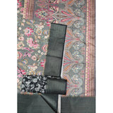 Grey-Black cotton silk floral printed saree with unstitched blouse, close-up detail of intricate pattern