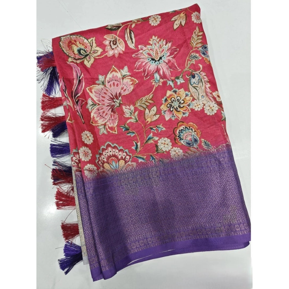 Pink-purple cotton silk floral printed saree with unstitched blouse (5.5mtr), traditional Indian wear on mannequin