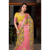 Multicolor cotton silk floral printed saree with unstitched blouse, vibrant ethnic wear for women on display