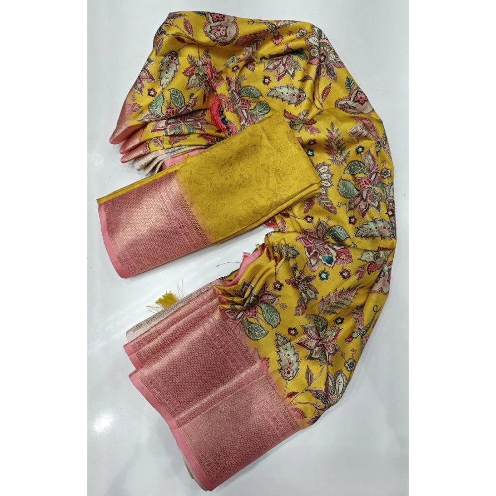 Multicolor cotton silk floral printed saree with unstitched blouse (5.5Mtr), close-up of vibrant blooms on traditional Indian garment
