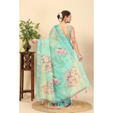 Multicolor floral printed cotton silk saree with unstitched blouse (5.5Mtr), close-up shows intricate design detail