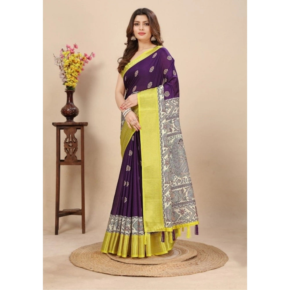 Multi-colored cotton silk printed saree with unstitched blouse, 5.5Mtr length on a mannequin