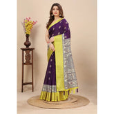 Multi-colored cotton silk printed saree with unstitched blouse, 5.5Mtr length on a mannequin