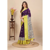 Multi-colored cotton silk printed saree with unstitched blouse, 5.5Mtr length on a mannequin