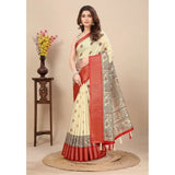 Cream cotton silk printed saree with unstitched blouse (5.5mtr), women's traditional Indian wear on mannequin
