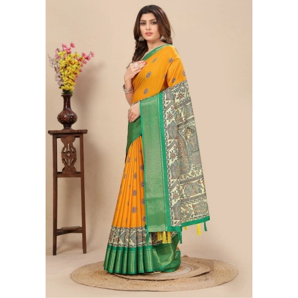 Yellow cotton silk printed saree with unstitched blouse (5.5mtr)