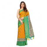 Yellow cotton silk printed saree with unstitched blouse (5.5mtr)