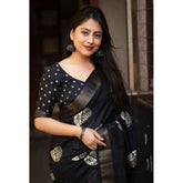 Black cotton silk printed saree with unstitched blouse, vibrant design for traditional Indian wear