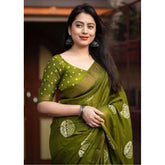 Green cotton silk printed saree with unstitched blouse (5.5mtr)