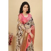 Black cotton silk floral printed saree with unstitched blouse, vibrant blooms on luxurious fabric