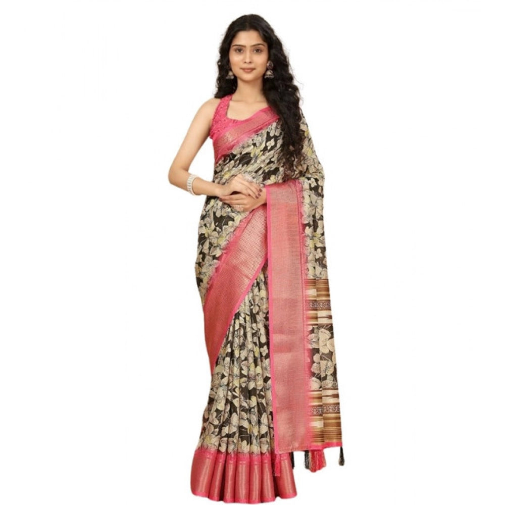 Black cotton silk floral printed saree with unstitched blouse (5.5Mtr)