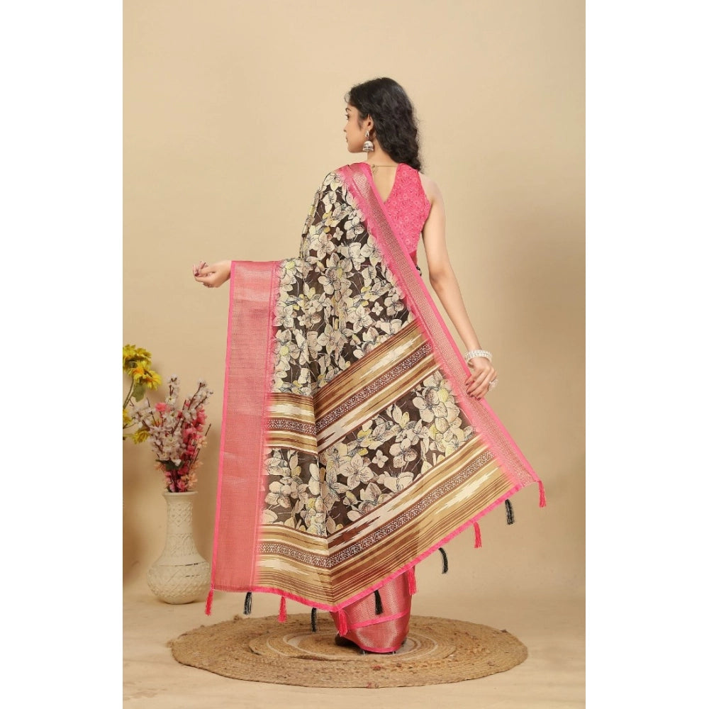 Black cotton silk floral printed saree with unstitched blouse, vibrant floral details on a 5.5mtr length