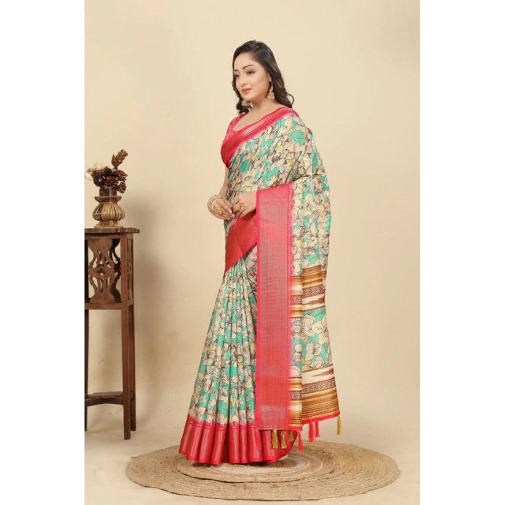Multi-colored cotton silk floral printed saree with unstitched blouse, vibrant ethnic wear on hanger