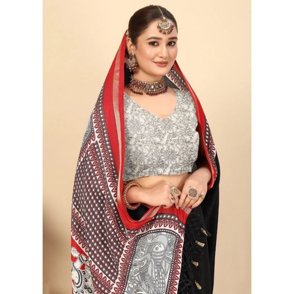 Black cotton silk printed saree with unstitched blouse (5.5mtr)
