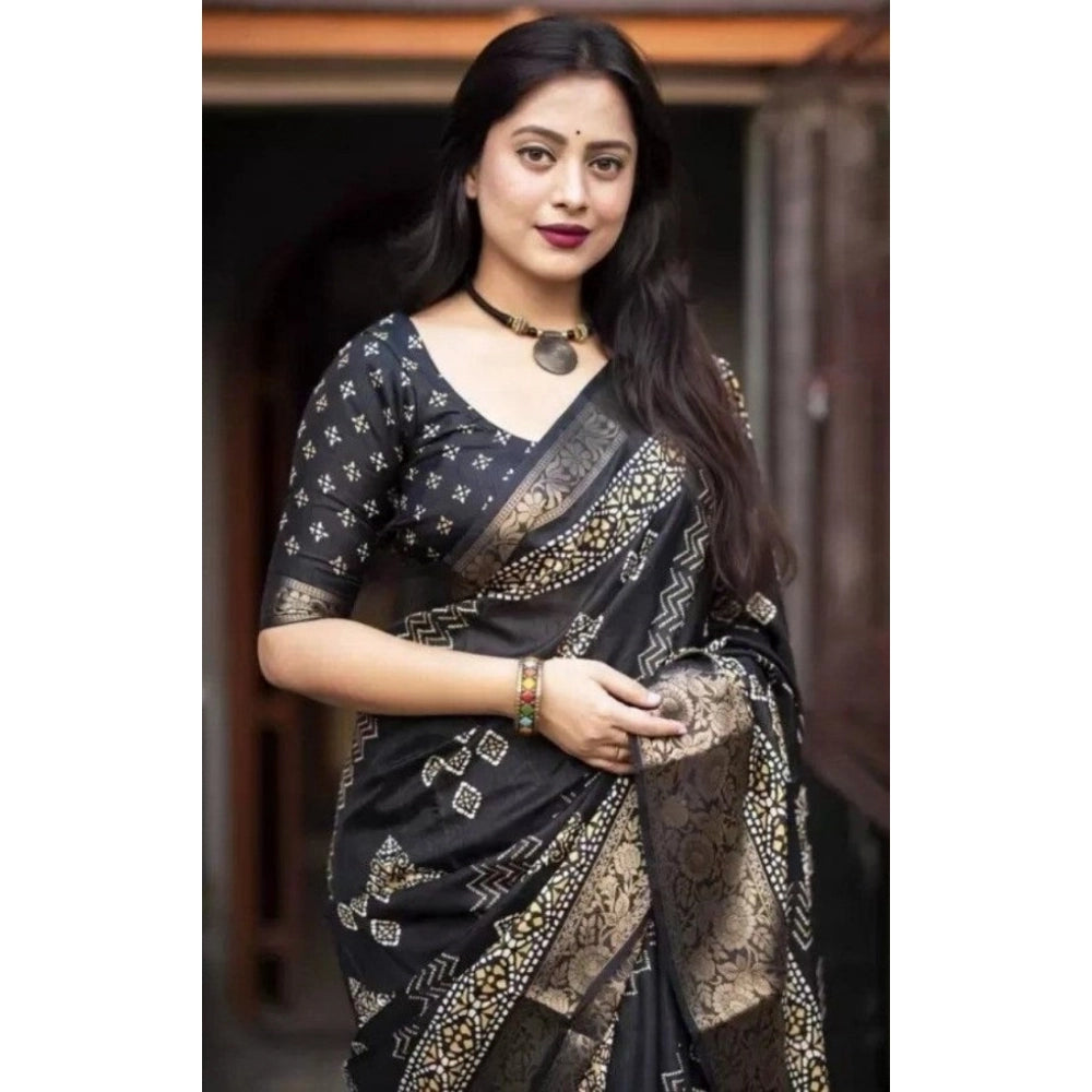 Black cotton silk printed saree with unstitched blouse (5.5mtr)