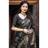 Black cotton silk printed saree with unstitched blouse (5.5mtr)