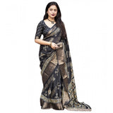 Black cotton silk printed saree with unstitched blouse (5.5mtr) on mannequin