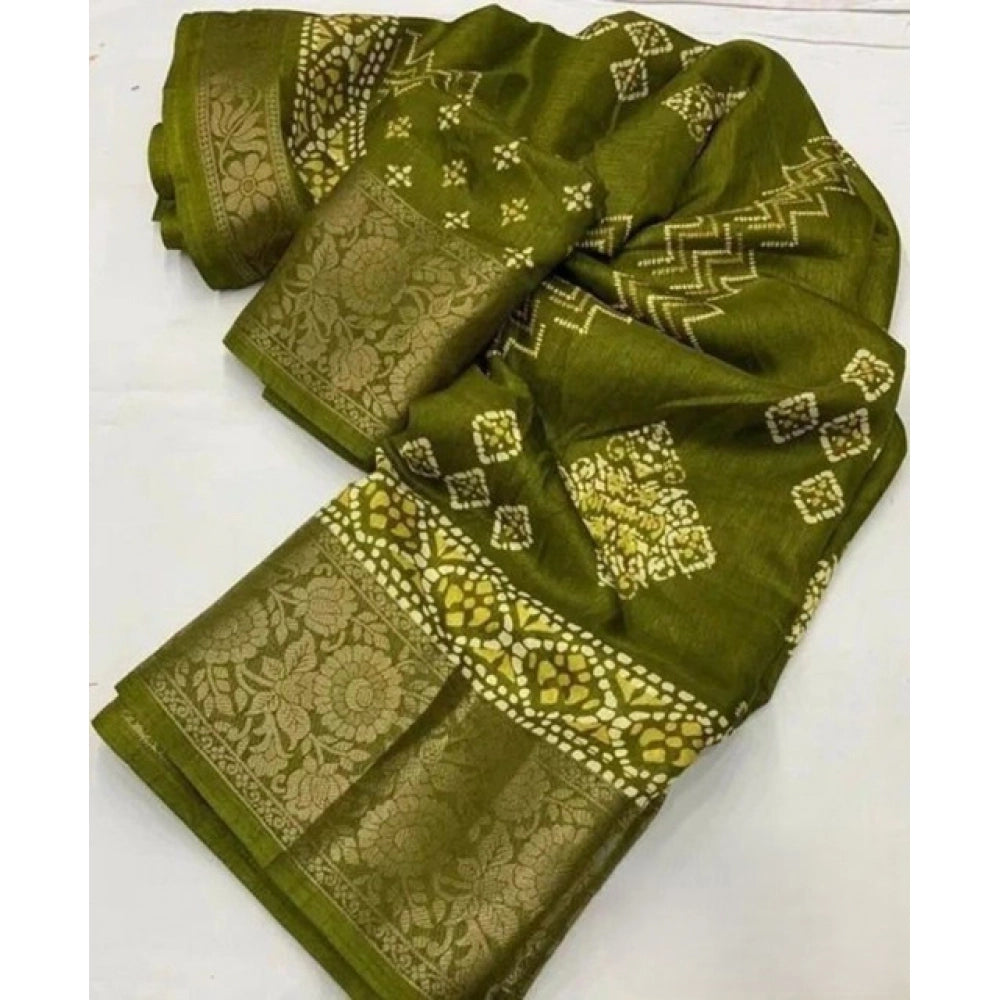 Green cotton silk printed saree with unstitched blouse, vibrant floral patterns for women's ethnic wear