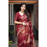 Maroon cotton silk printed saree with unstitched blouse, vibrant floral design on elegant fabric