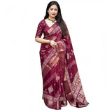 Women's wine-colored cotton silk printed saree with unstitched blouse, 5.5mtr