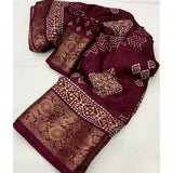 Women's wine-colored cotton silk printed saree with unstitched blouse (5.5Mtr), exquisite ethnic wear for festivals or special occasions