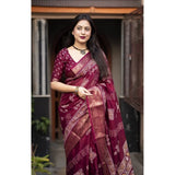 Women's wine-colored cotton silk printed saree with unstitched blouse, vibrant design on display