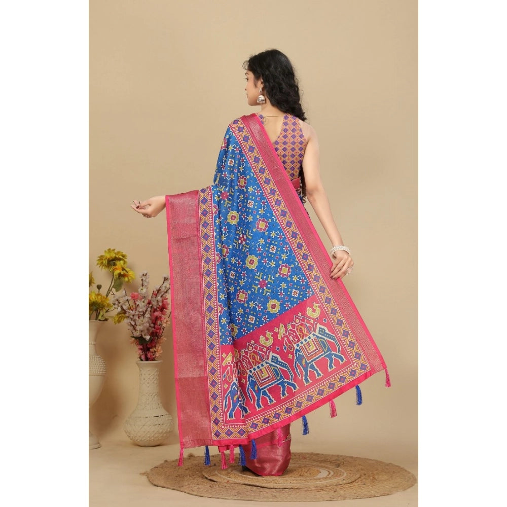 Blue cotton silk printed saree with unstitched blouse, vibrant traditional Indian wear