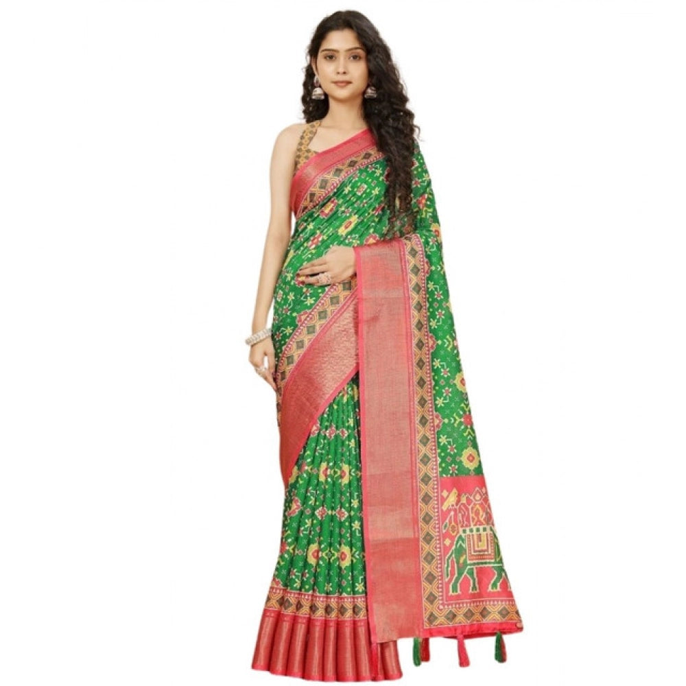 Green cotton silk printed saree with unstitched blouse, vibrant design for traditional Indian wear