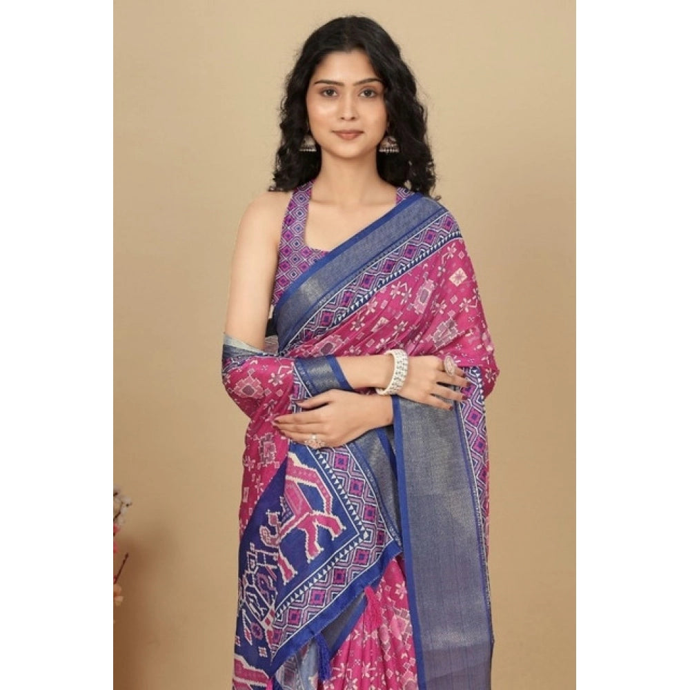 Women's pink cotton silk printed saree with unstitched blouse, vibrant floral design on display