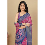 Women's pink cotton silk printed saree with unstitched blouse, vibrant floral design on display