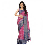 Women's cotton silk printed saree with unstitched blouse (pink), 5.5mtr - vibrant pink cotton silk traditional saree on mannequin with separate blouse