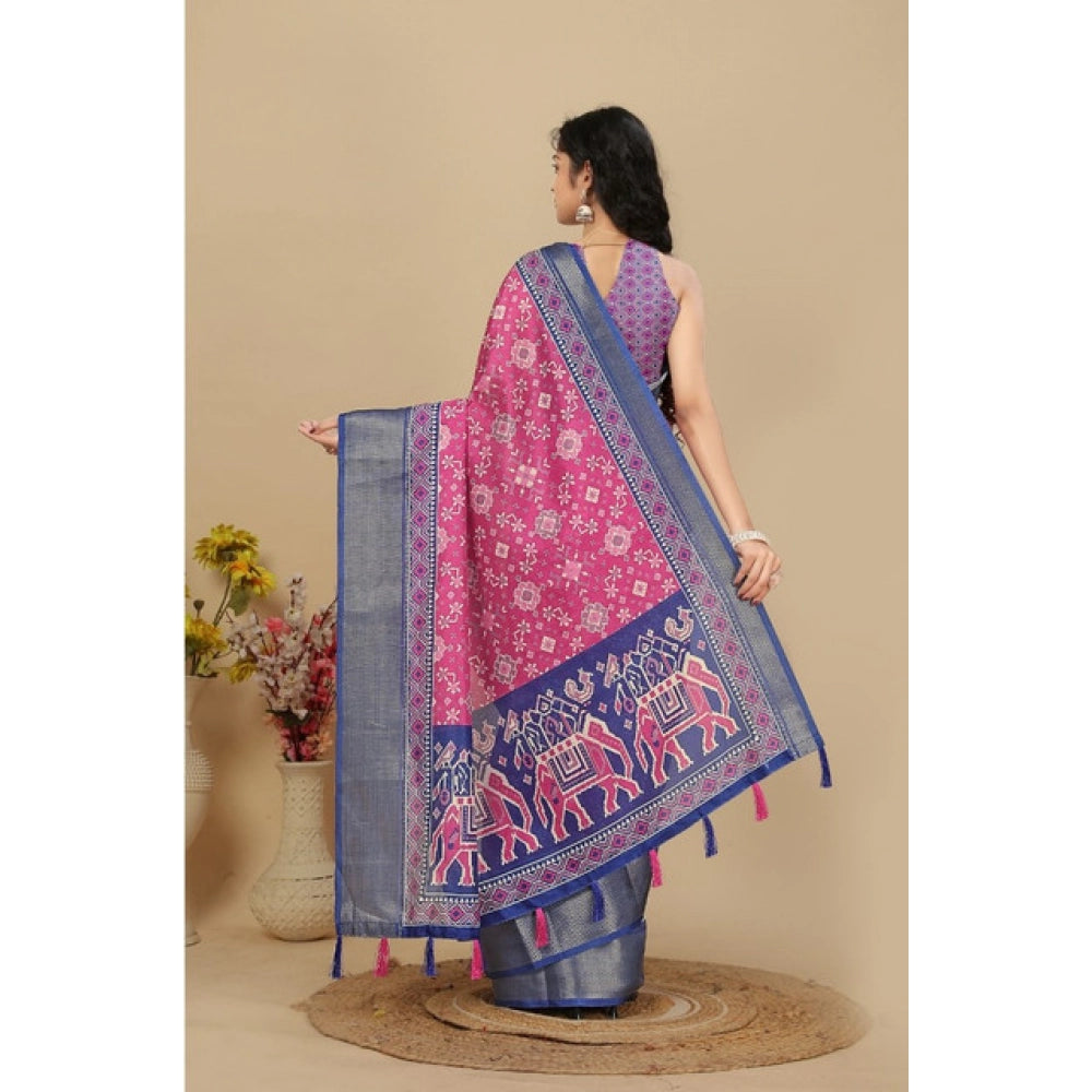 Cotton silk printed pink saree with unstitched blouse, vibrant floral pattern on traditional Indian wear