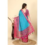 Women's Cotton Silk Printed Saree With Unstitched Blouse 5.5Mtr (Blue-Pink)