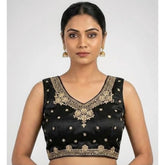 Black silk embroidered v-neck sleeveless padded blouse for women (Size 38), intricate detailing on display stand