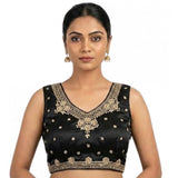 Black silk embroidered V-neck sleeveless padded blouse with hook closure, intricate embroidery detail on display stand (Size 38)